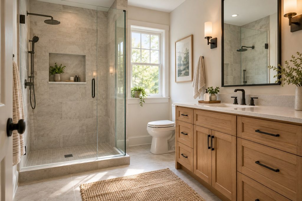 Conceptual bathroom remodel with a glass shower, porcelain tile and an oak vanity