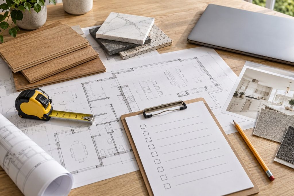 Conceptual construction planning desk with architectural drawings, material samples and an estimate checklist