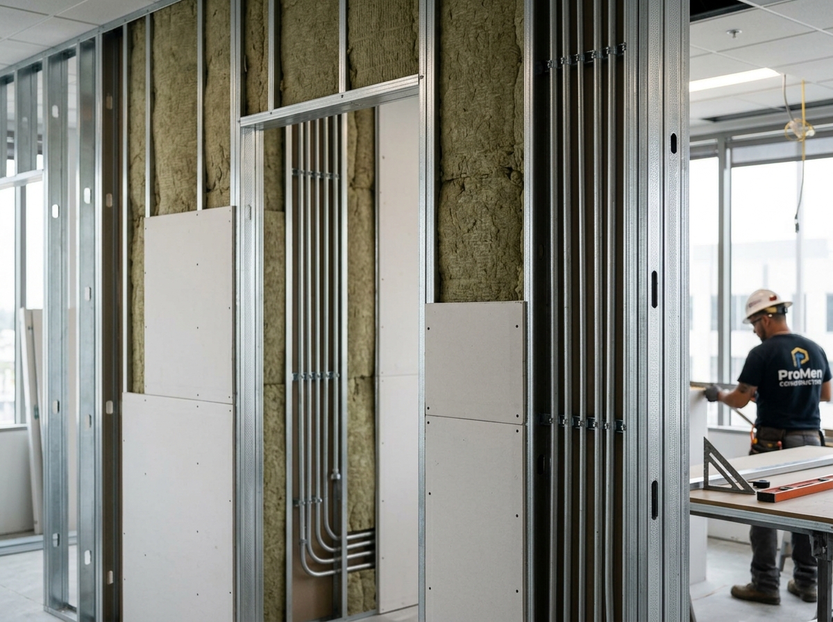 Precision commercial office build-out steel stud framing and mechanical rough-in by commercial build out contractors ProMen Construction