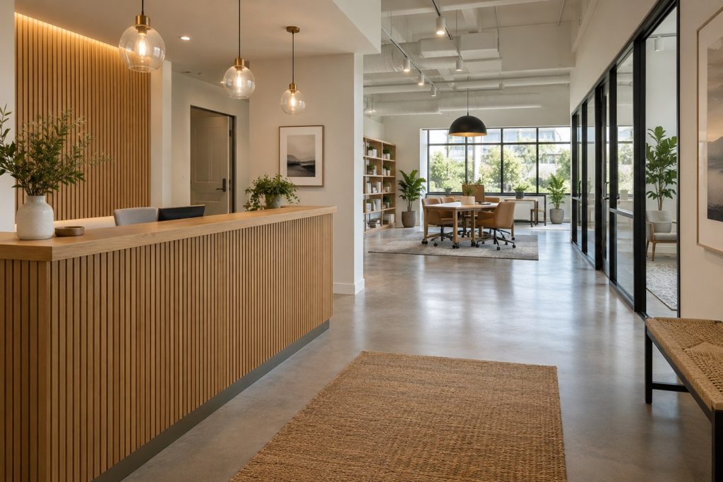 Conceptual commercial tenant improvement with a welcoming reception area and flexible work space