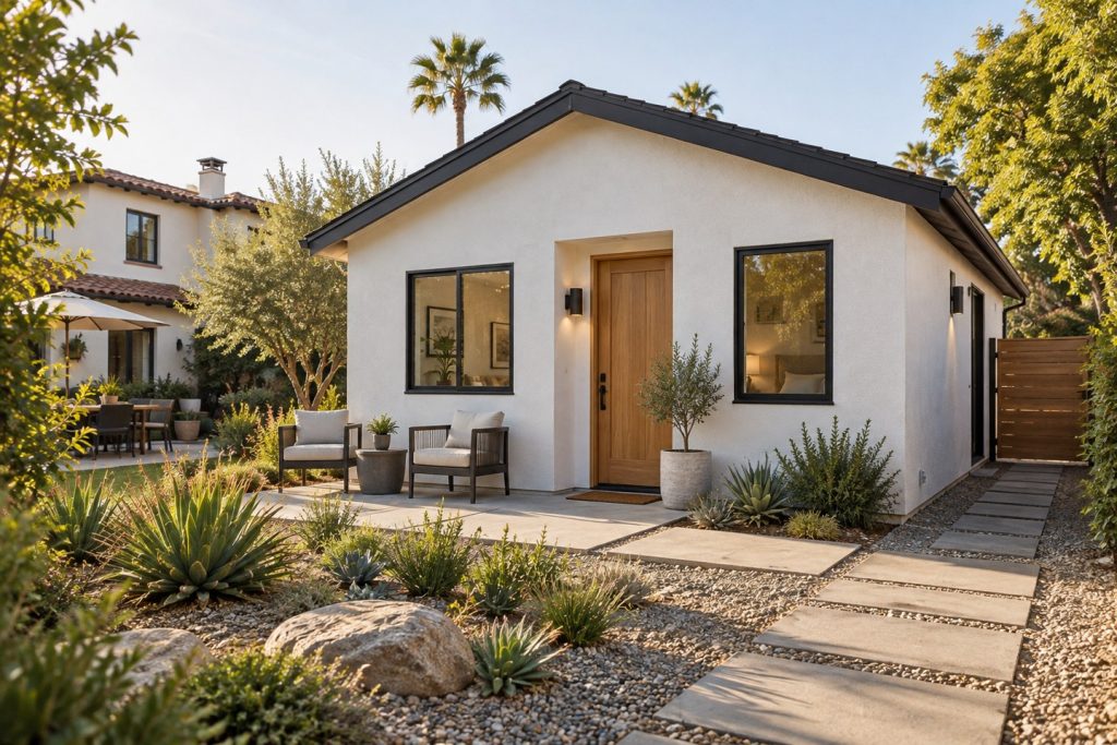 Conceptual detached garage converted into a compact backyard living space with a small patio