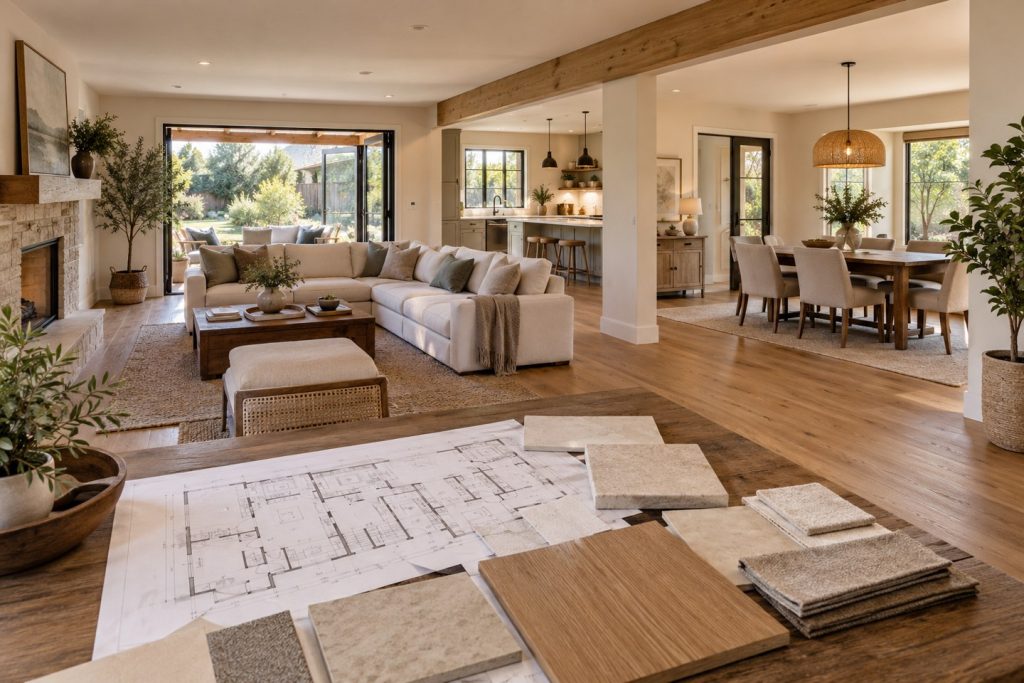 Conceptual Los Angeles living and dining room remodel with oak floors and planning materials