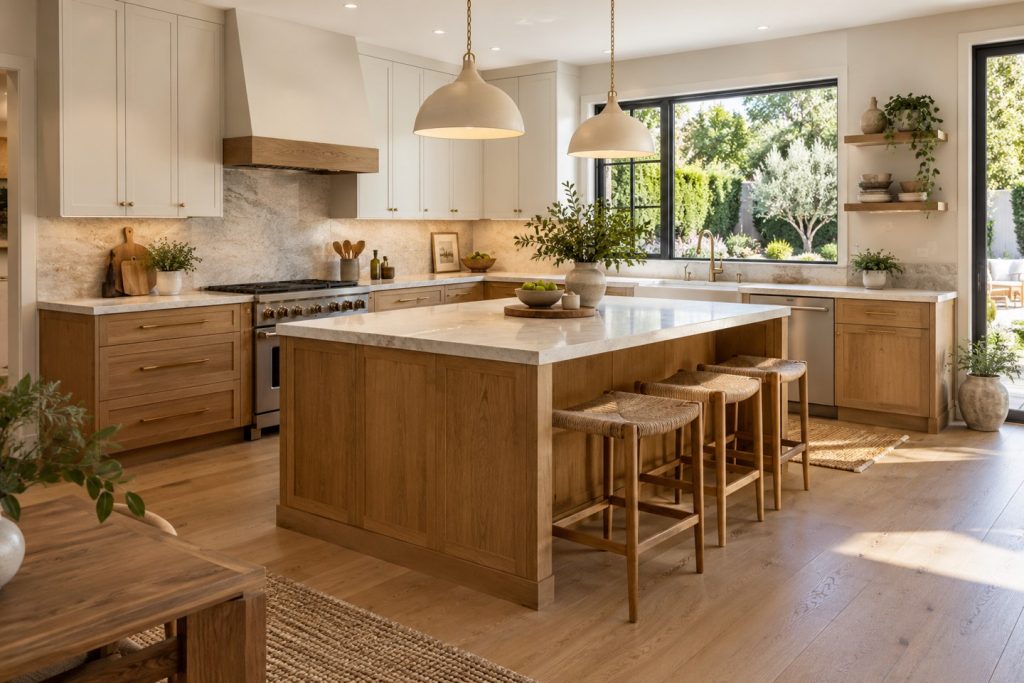 Conceptual kitchen renovation with oak cabinets, a stone island and a garden-facing window