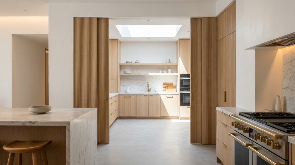 Modern scullery prep kitchen addition with fluted white oak pocket doors and quartzite surfaces in Los Angeles by licensed general contractor ProMen Construction
