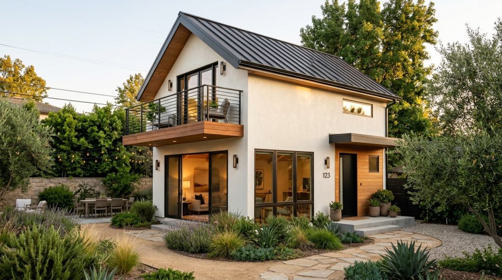 Modern two-story home addition with smooth Santa Barbara stucco and standing seam metal roof in Burbank Los Angeles by licensed general contractor ProMen Construction