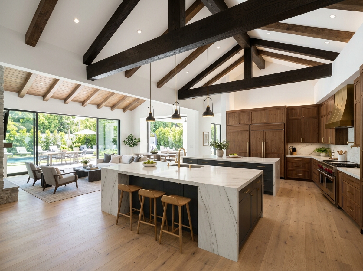 Finished custom gourmet kitchen and great room addition in Encino completed by ProMen Construction