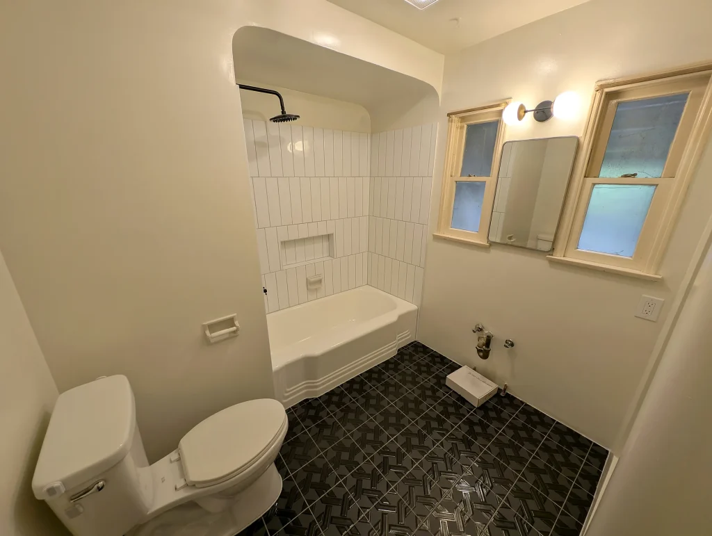 Bathroom Tile Installed Vanity Pending — Beam-Ceiling Room & Bathroom Remodel