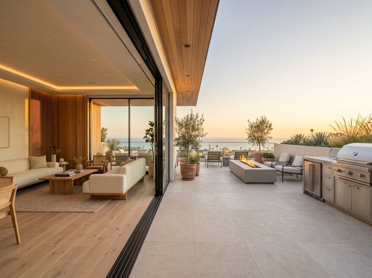 Finished indoor-outdoor coastal living space and patio in Santa Monica completed by ProMen Construction