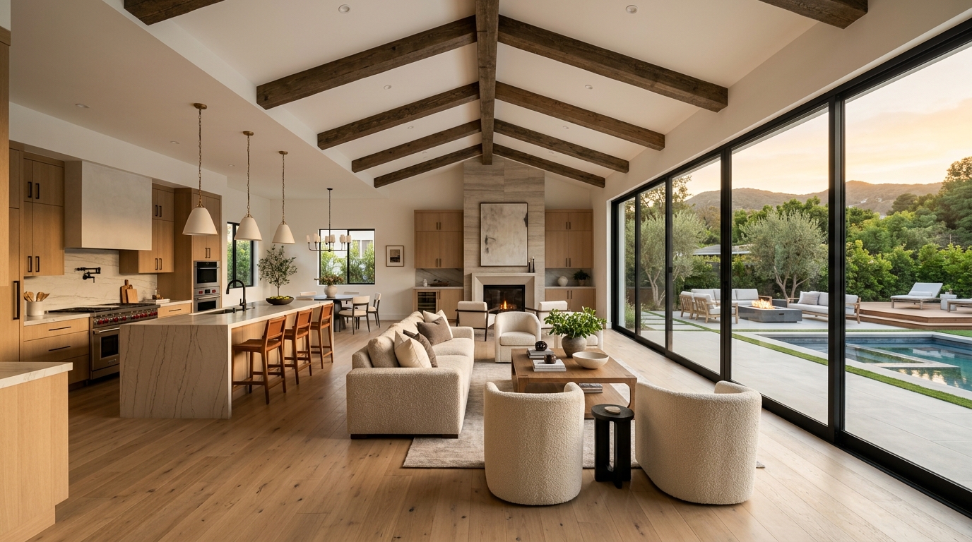 Completed luxury open-concept living space and kitchen remodel in Sherman Oaks by ProMen Construction