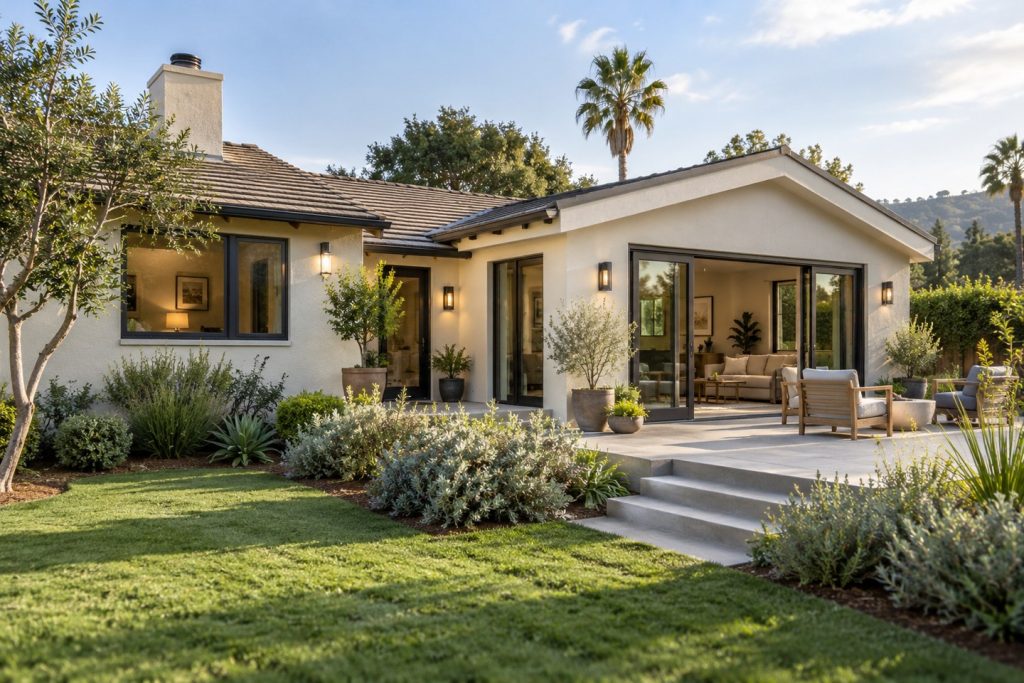 Conceptual Southern California home with a garden-facing room addition and glazed doors